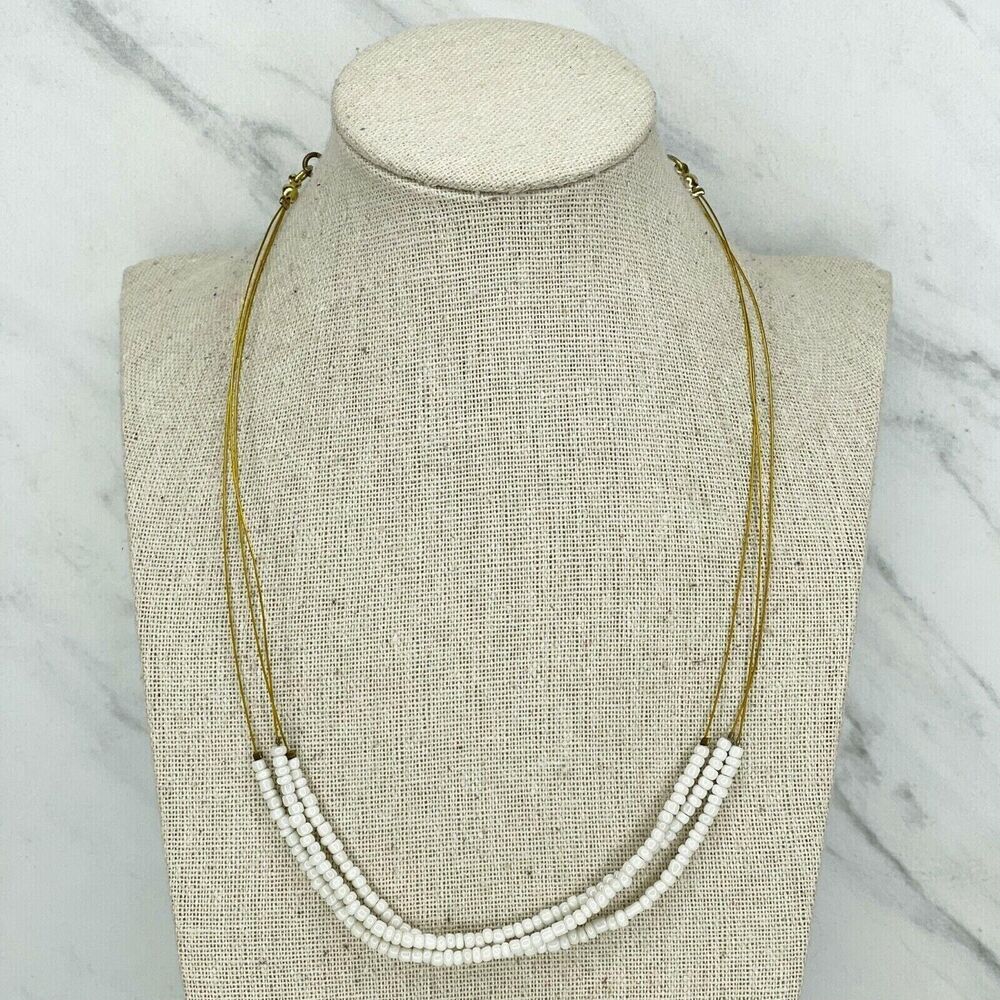 Gold Tone White Seed Beaded Triple Wire Necklace